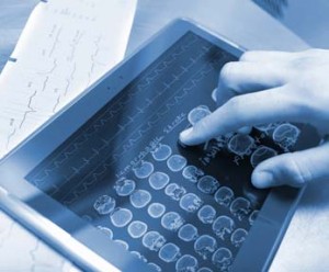 close-up of a finger tapping a selection on a tablet-based medical info app