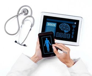 detail of physician's hands holding tablet and stylus with medical information on screen